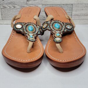 Mystique Thong Sandals Size 10 Multicolor Jeweled Beaded 3" Wedge Heel Shoes